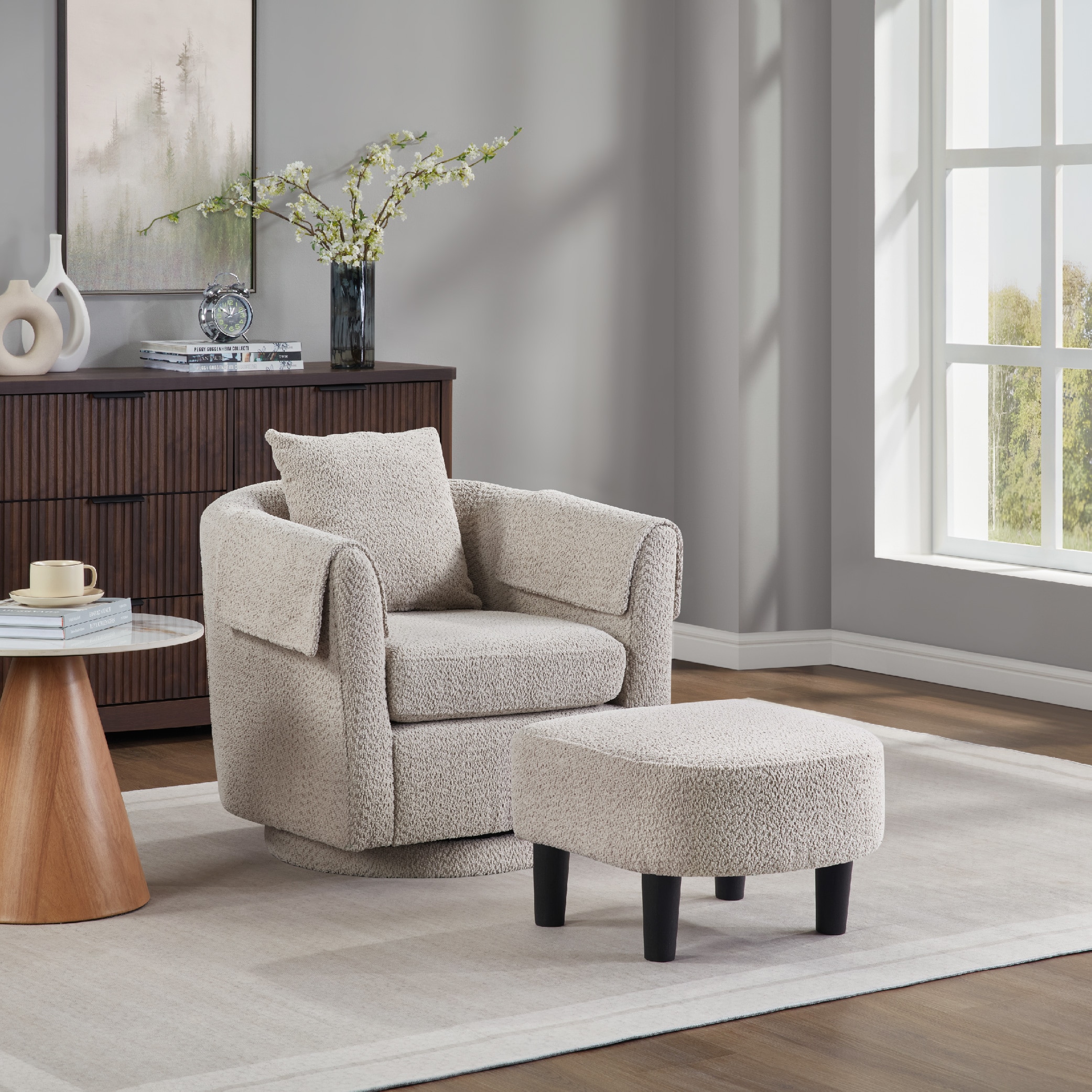 Swivel Accent Chair With Ottoman Set, Modern Chenille Barrel Armchair With Removable Back Pillow & 2 Armrest Covers For Living Room, Bedroom, Office, Gray_voghion.com